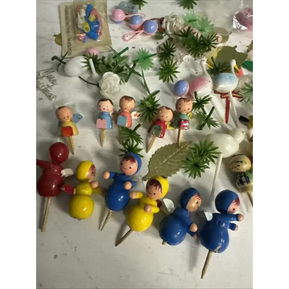 Vintage HUGE BUNDLE Wooden Kokeshi Doll Cake Candle holders Angels Nutcrackers +